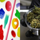 On left: classic candies On right: a jar of cannabis buds